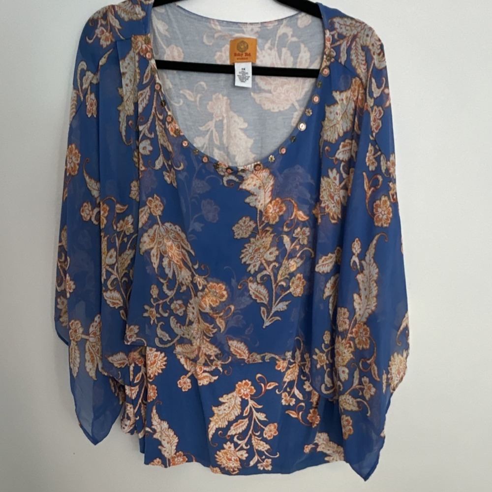 Ruby Rd. Women's 3X Blue Floral Embellished Sheer Tunic Blouse Long Sleeve